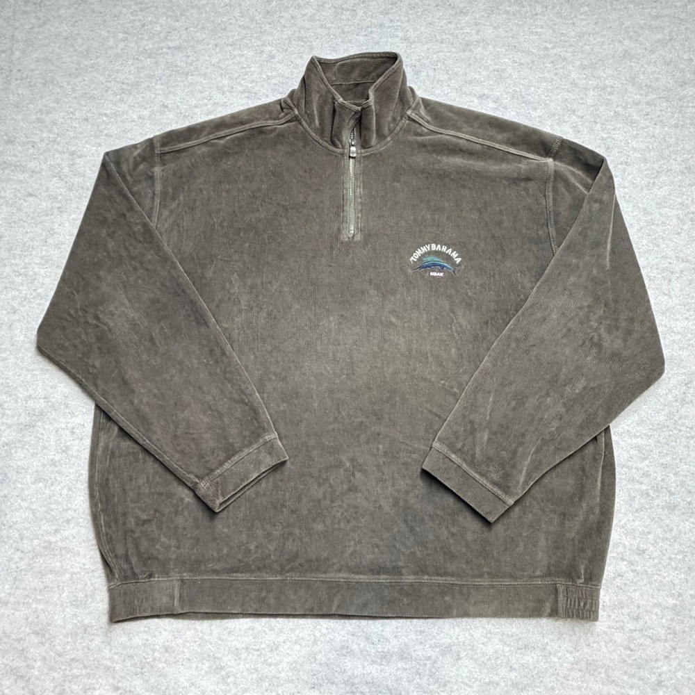 Tommy Bahama Relax 1/4 Zip Pullover Sweatshirt Brown Corduroy Mens XXL Nautical